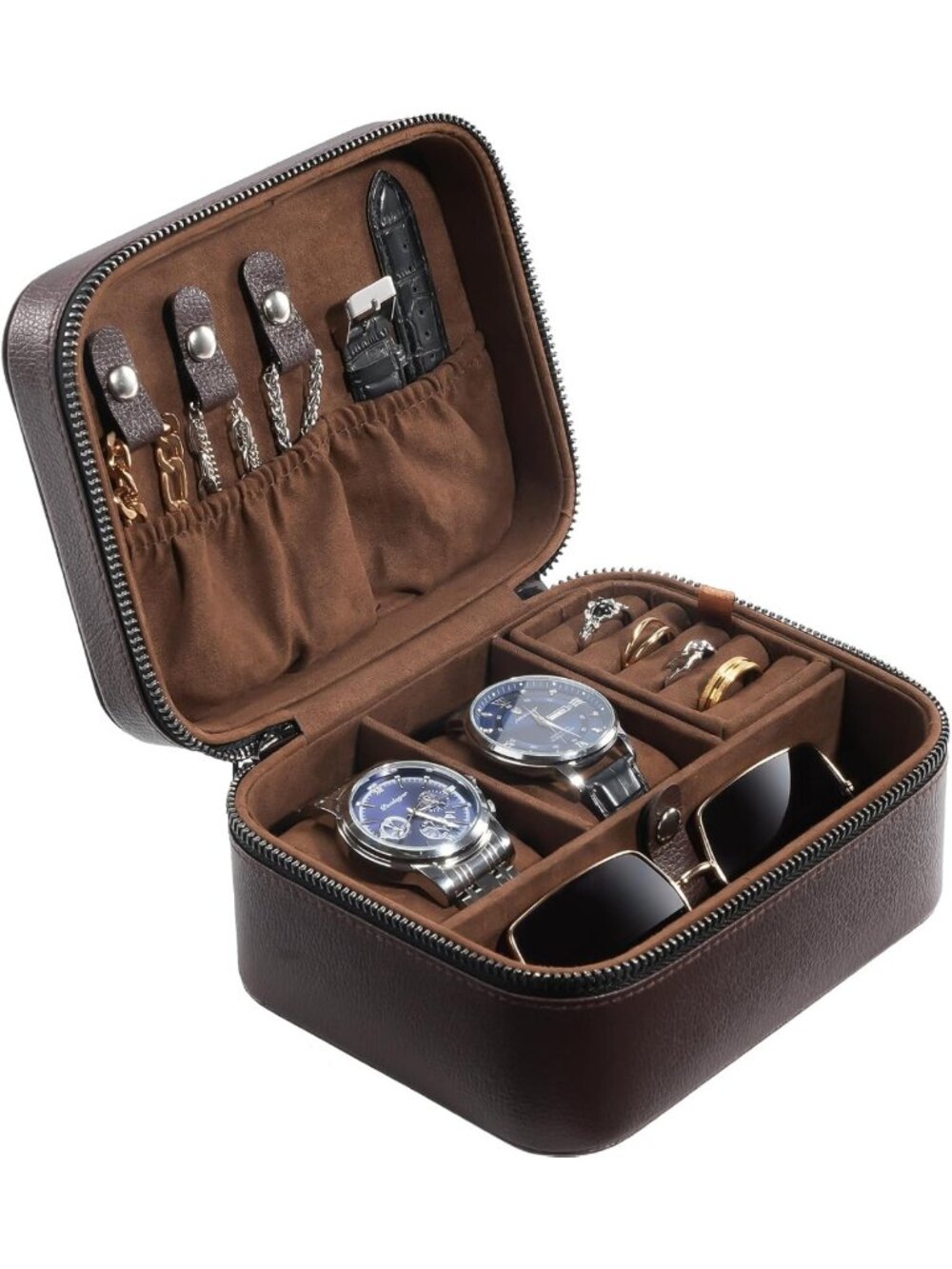Travel Jewelry Box for Men - 2 Slot Watch Case, Brown Organizer for Accessories